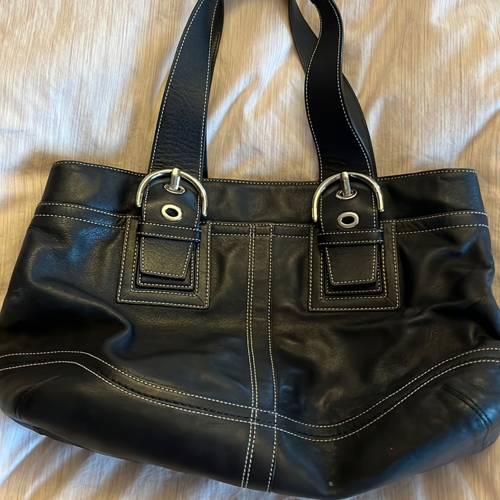 Black leather coach tote